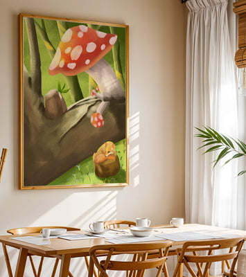 Charming forest scene with a fox resting under mushrooms