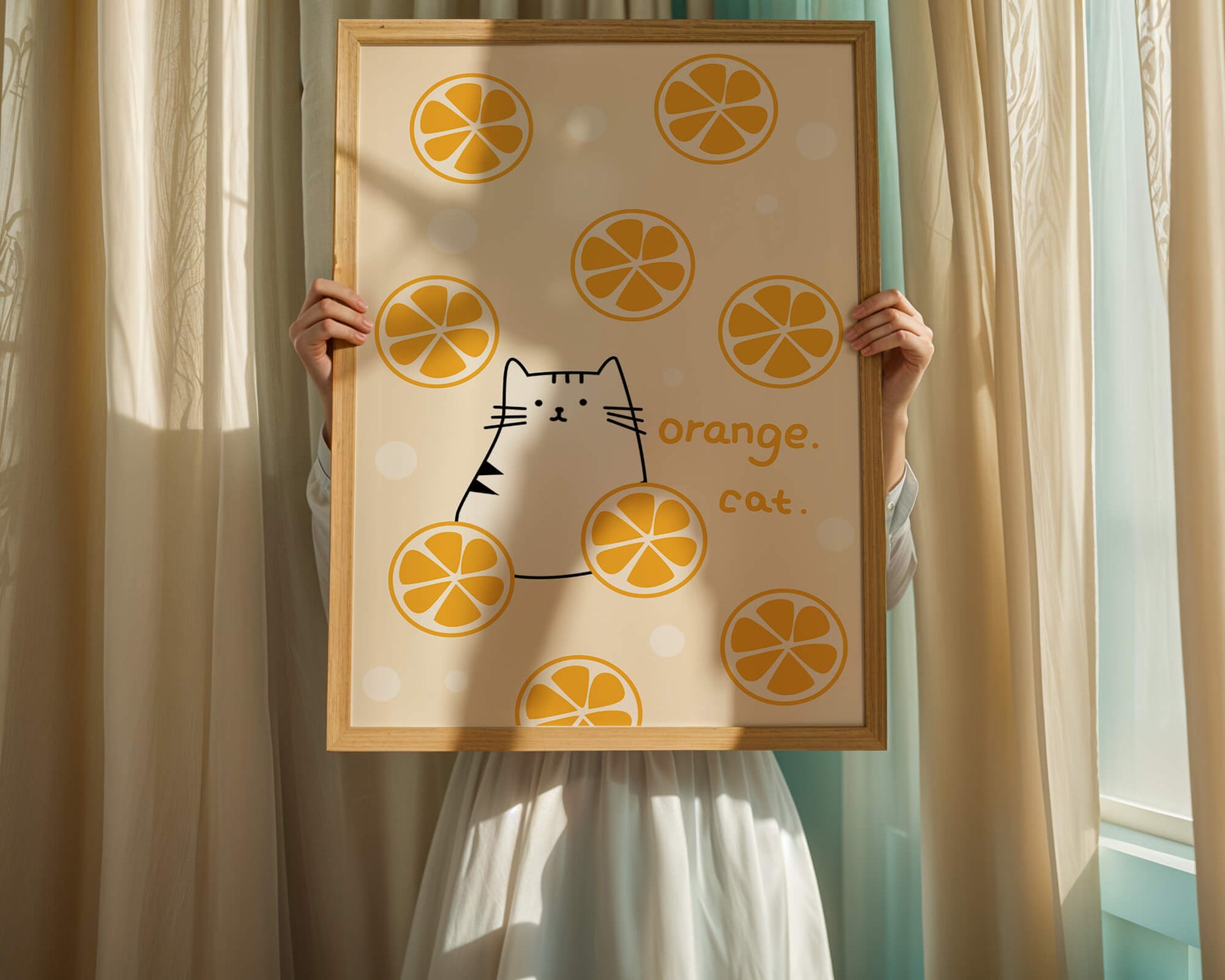 Playful illustration featuring a cat and orange slices