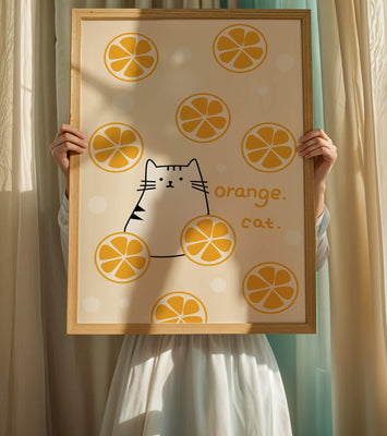 Playful illustration featuring a cat and orange slices
