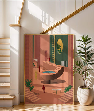Modernes architektonisches Interieur mit geometrischem Design und Grün