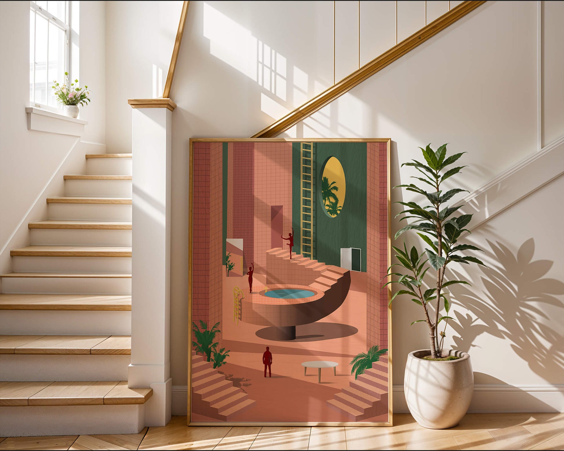 Modern architectural interior with geometric design and greenery