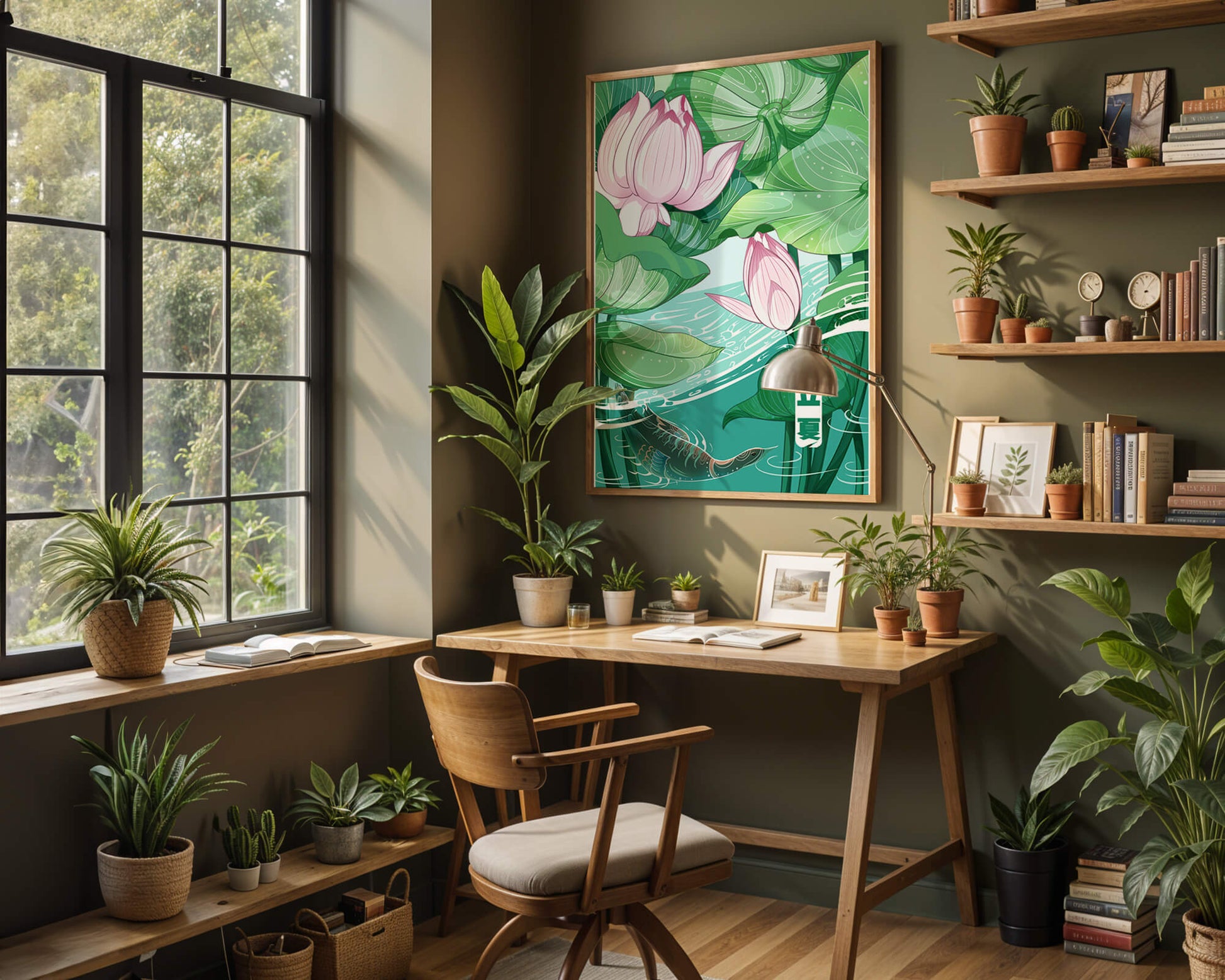 Ilustración de la naturaleza serena con flores de loto y vida acuática