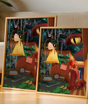 Jardín encantado con hada, serpiente y elementos misteriosos