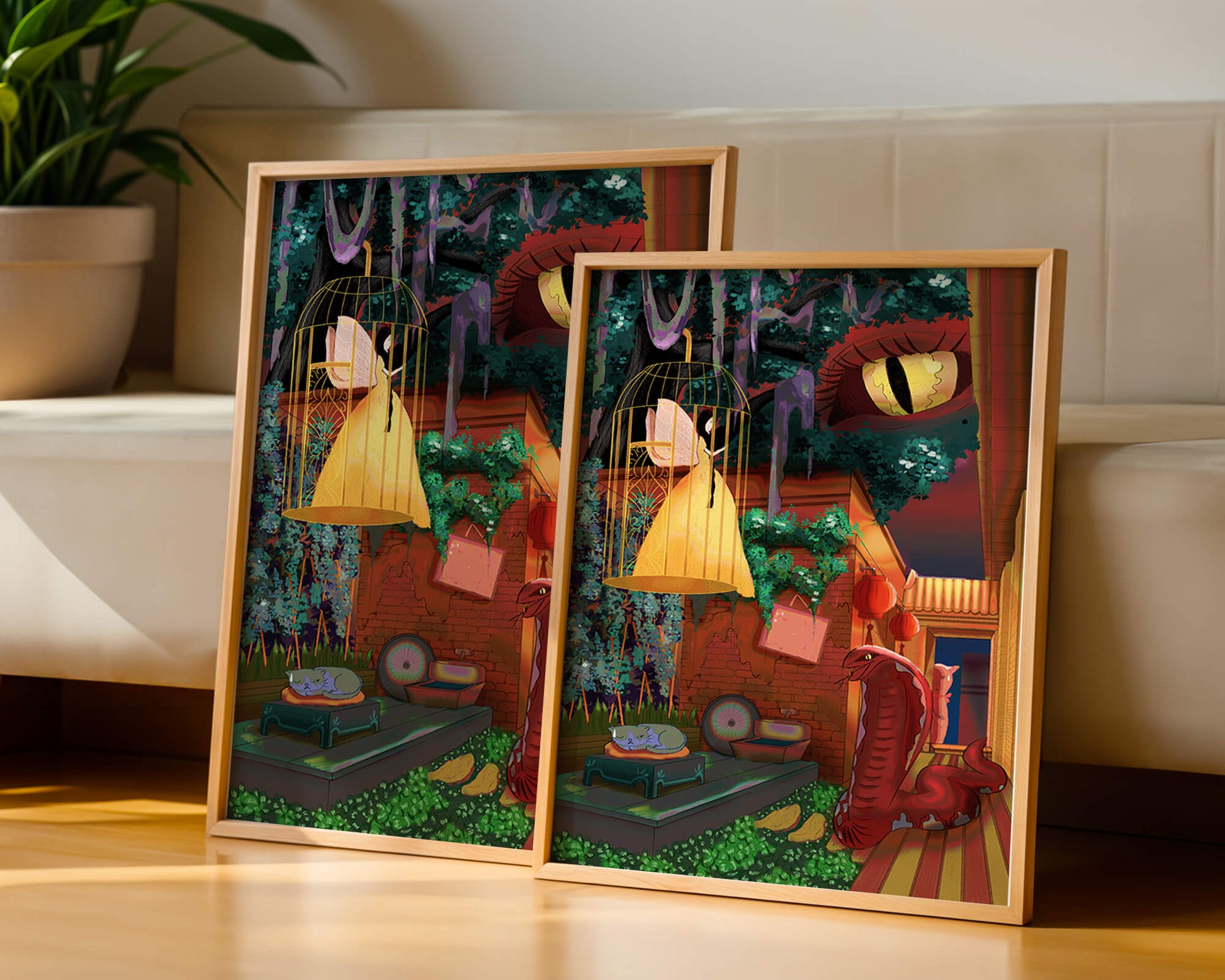Enchanted garden with fairy, snake, and mysterious elements