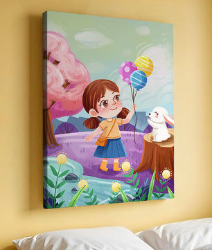 Charming Landscape with Girl Holding Balloons and White Bunny in Enchanted Forest