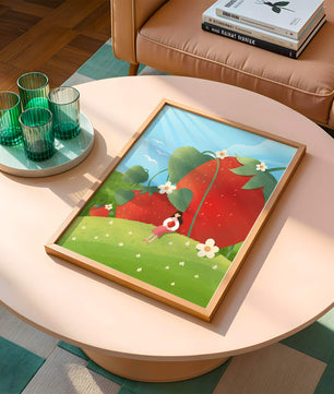 Paysage serein avec d'énormes fraises et une femme dans une prairie en fleurs