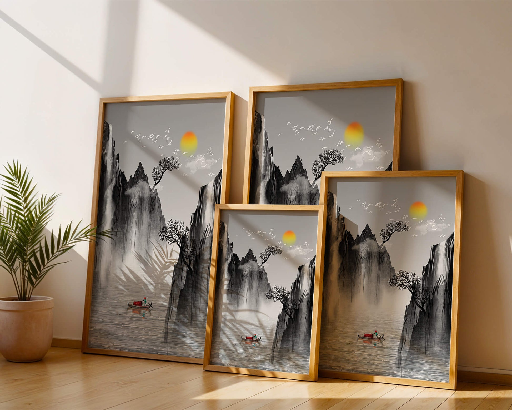 Serene landscape with mountains, river, and a boat under the sun