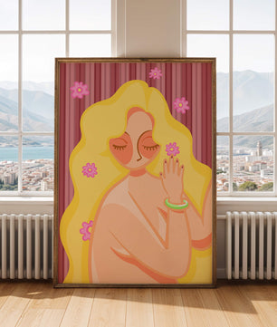Ilustración abstracta de una mujer serena con el pelo largo y rubio y flores