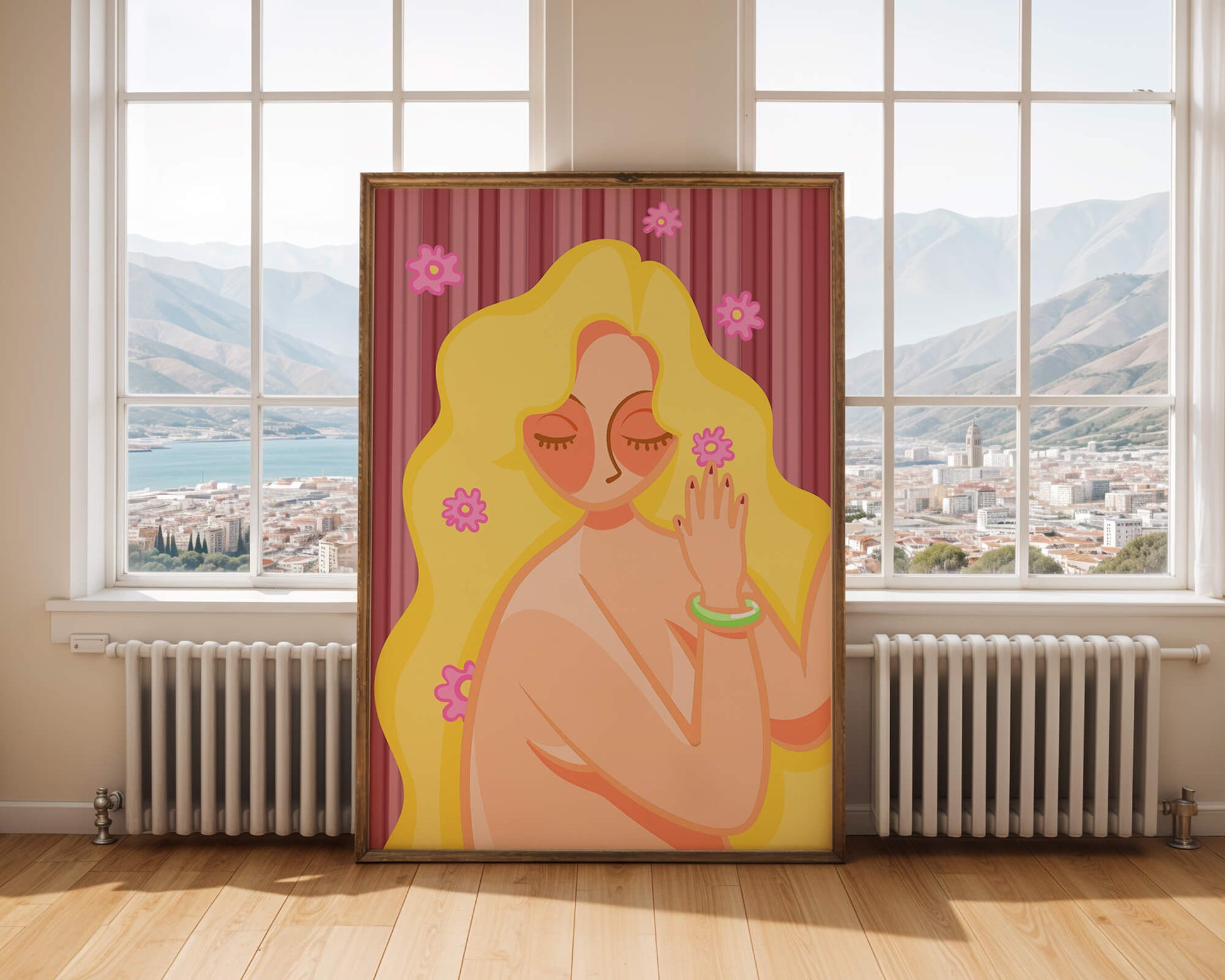 Ilustración abstracta de una mujer serena con el pelo largo y rubio y flores