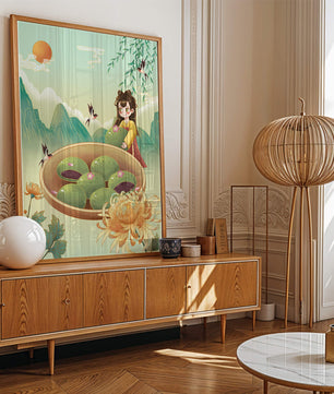Charming Scene with Traditional Dress and Scenic Landscape Featuring Floral Elements and Birds