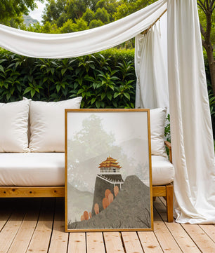 Serene mountain landscape with traditional Asian architecture
