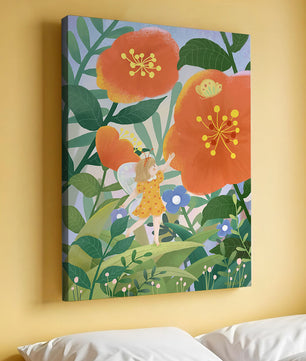 Whimsical illustration of a fairy child in a vibrant floral landscape