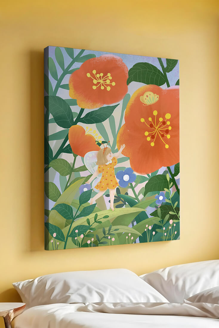 Whimsical illustration of a fairy child in a vibrant floral landscape