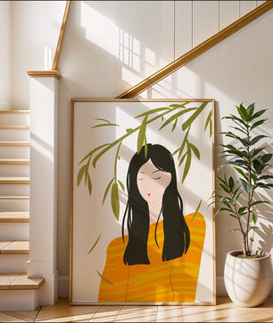 Illustration d'une femme en pull orange avec un fond de feuillage