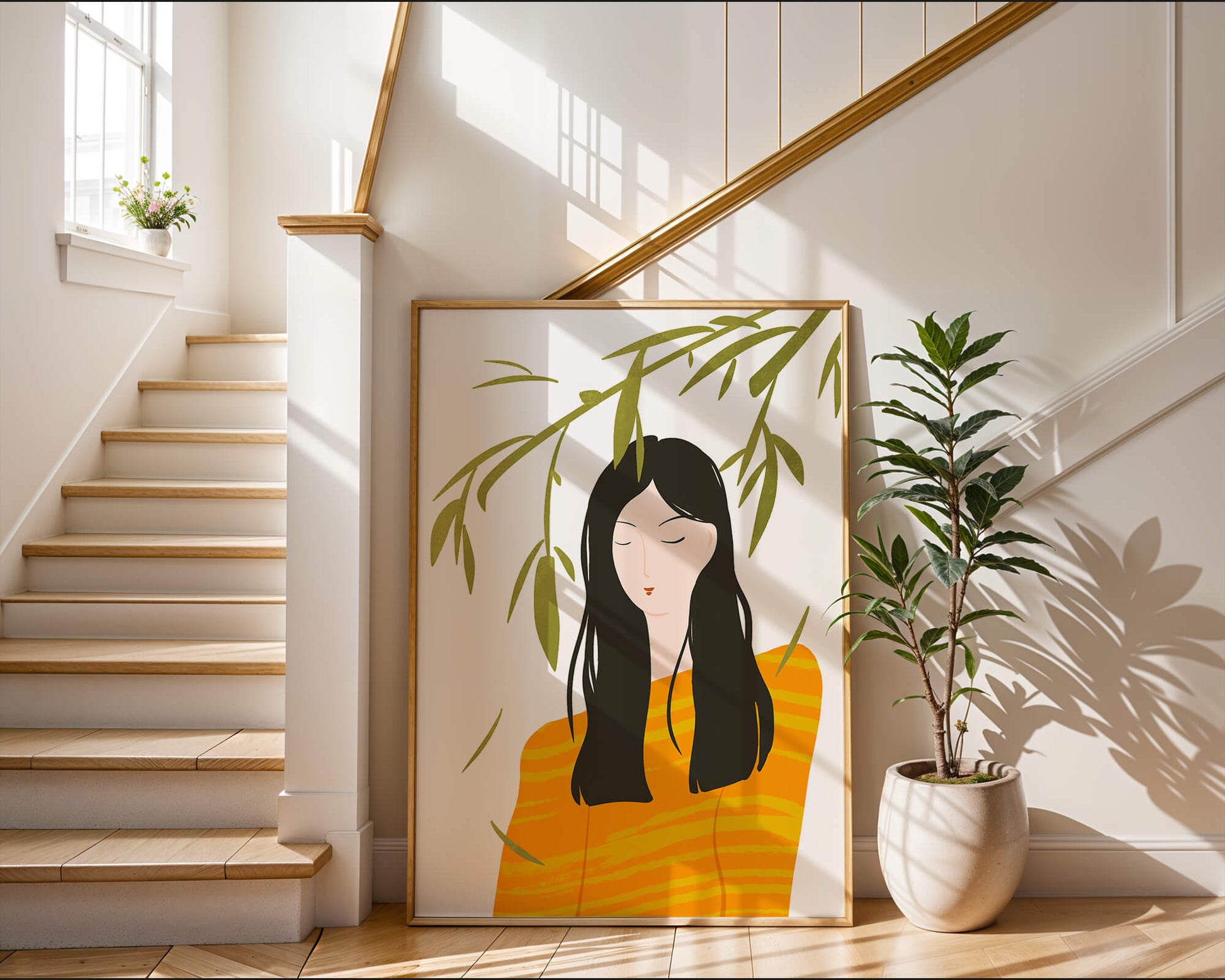 Woman in orange sweater with foliage backdrop illustration