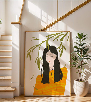 Woman in orange sweater with foliage backdrop illustration