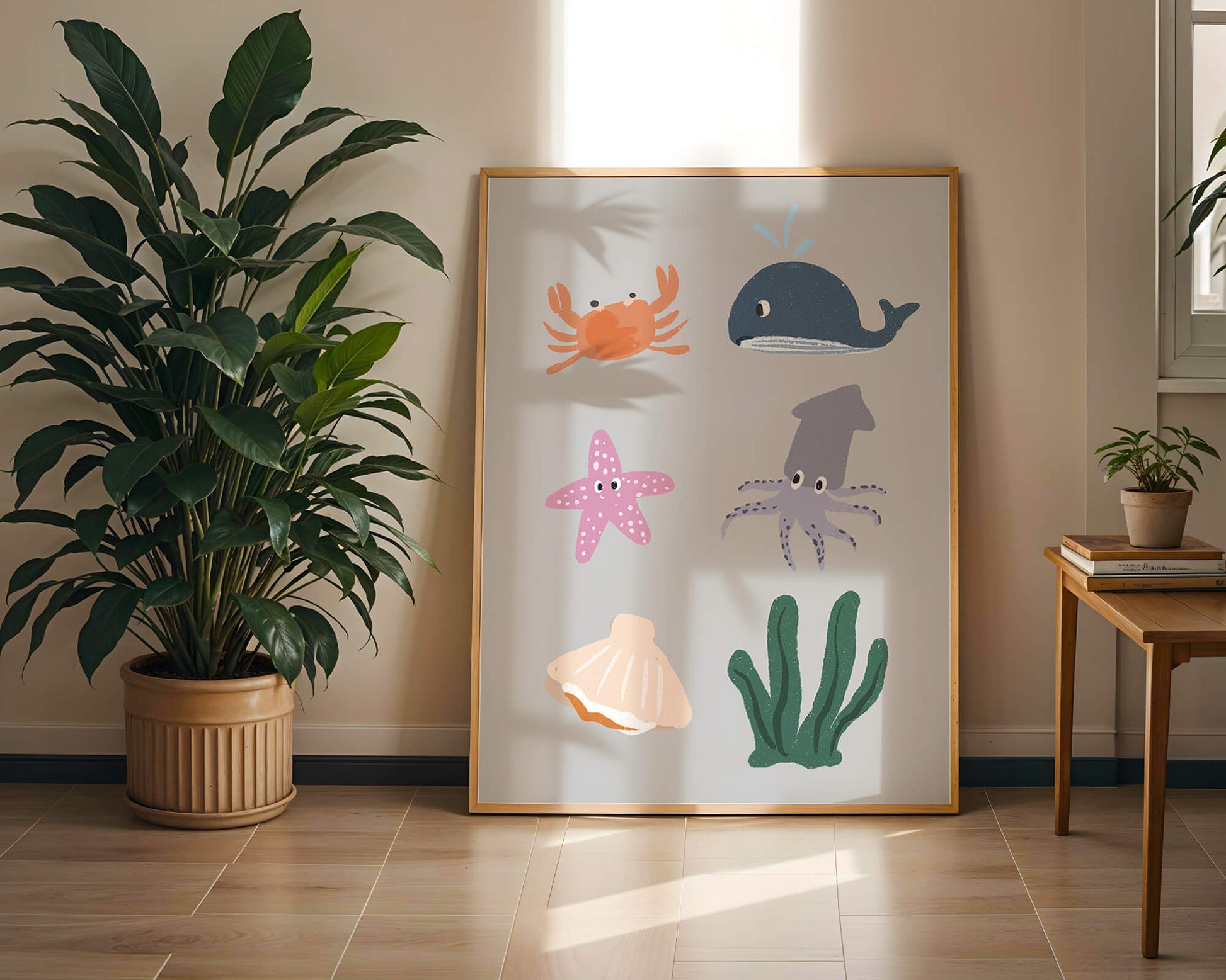 Illustration of whimsical sea creatures and marine elements on a grey background