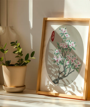 Obra floral delicada con magnolias en flor en estilo oriental