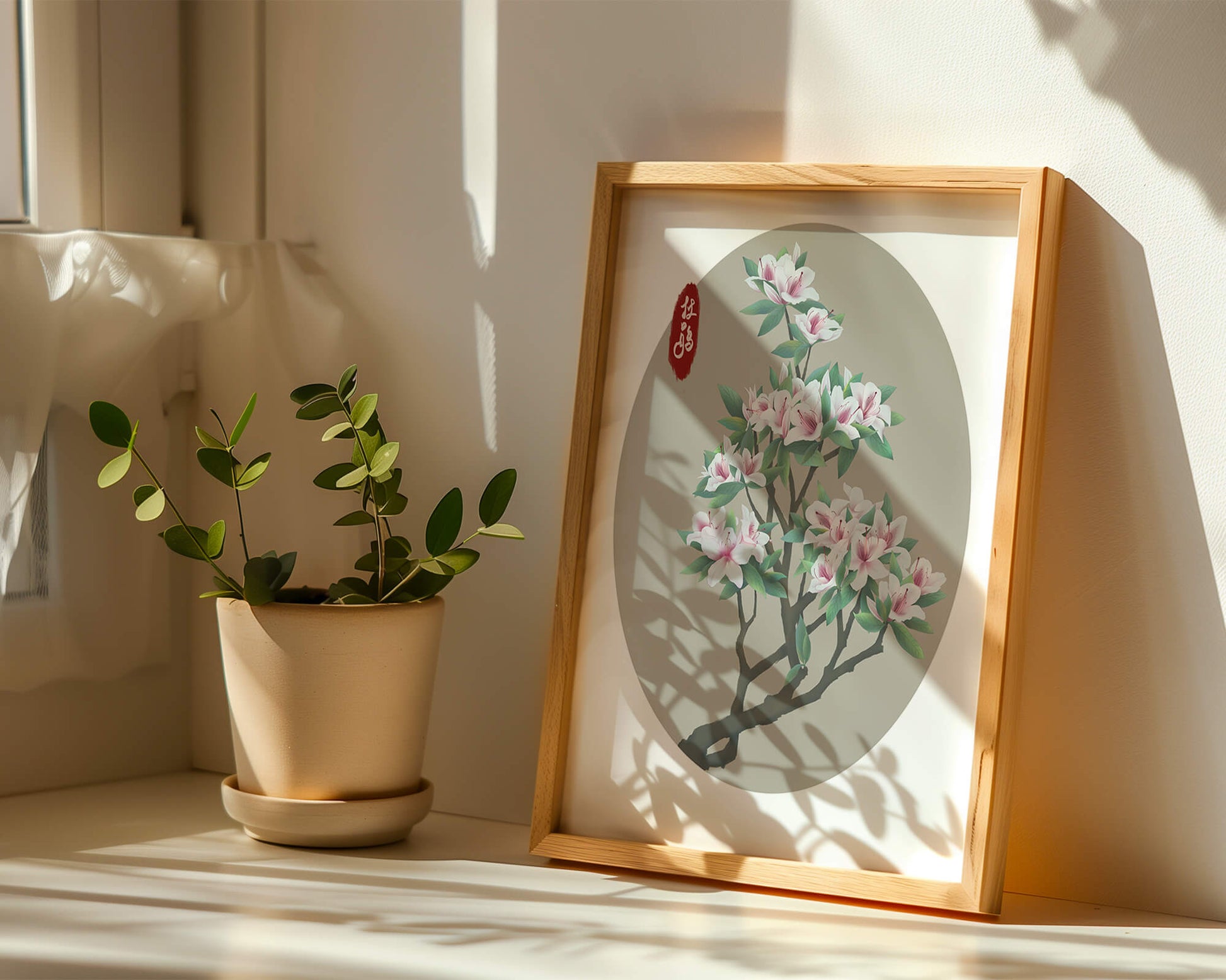 Obra floral delicada con magnolias en flor en estilo oriental
