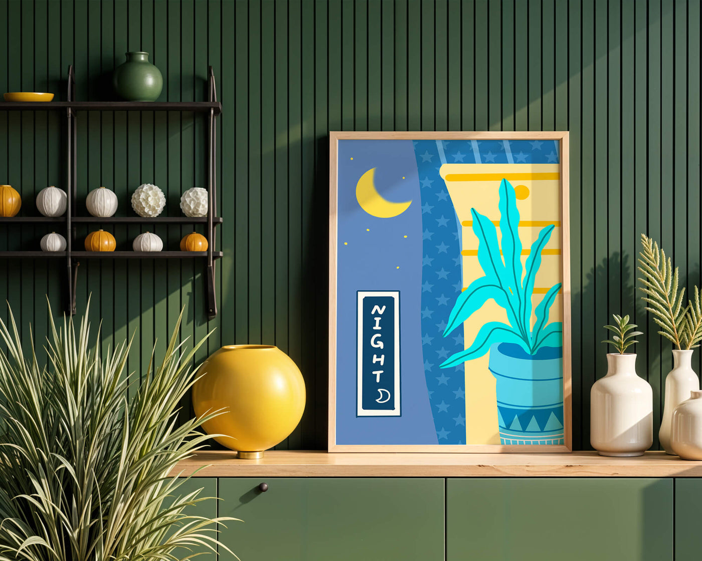 Nighttime plant illustration with crescent moon and starry background