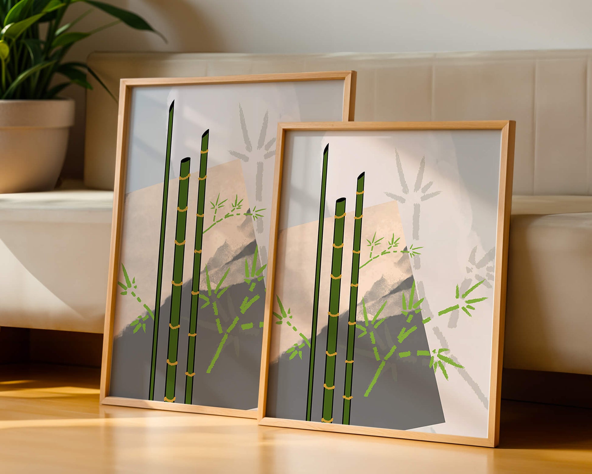 Arte minimalista de bambú con sombras abstractas de bambú