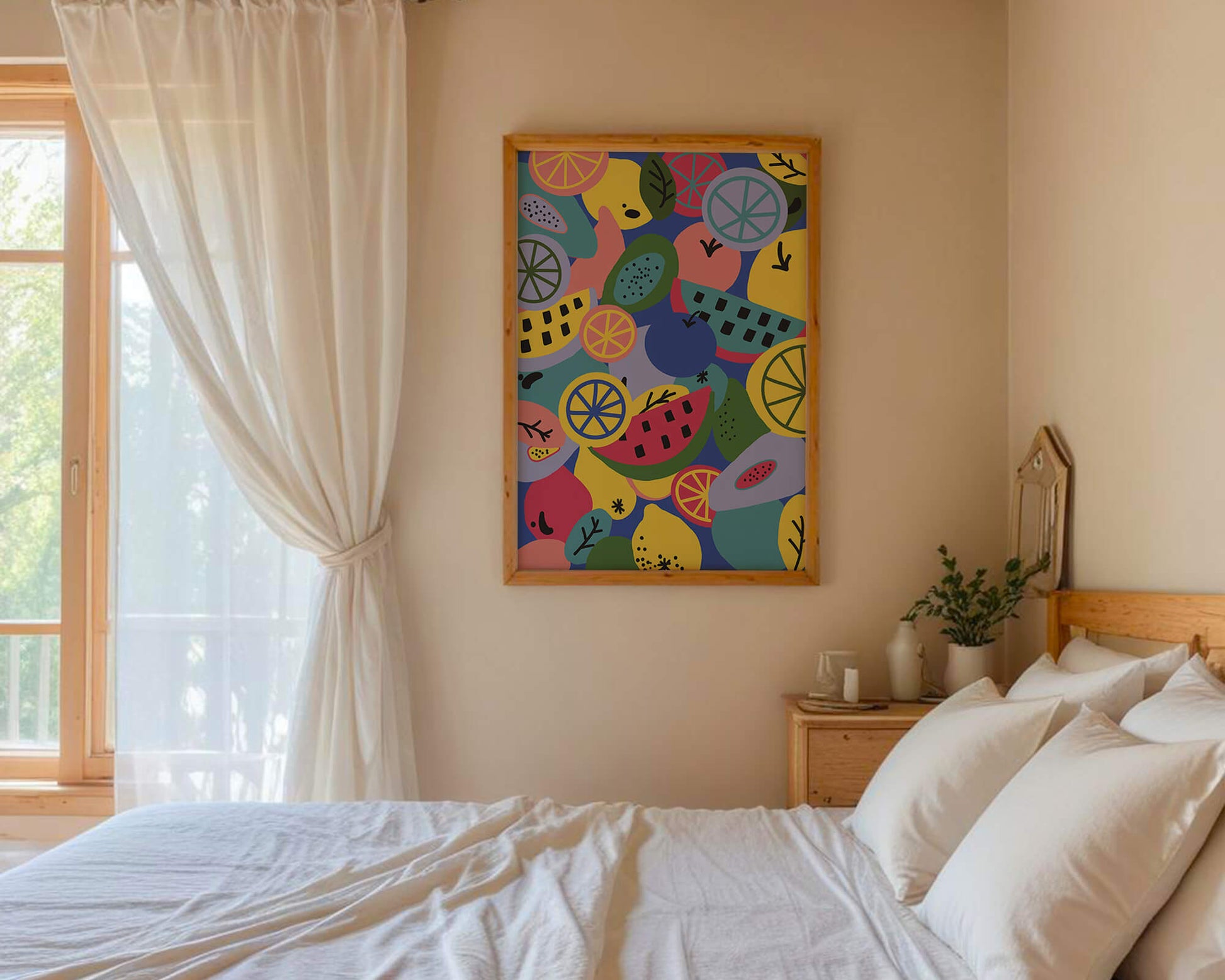 Patrón abstracto de frutas vibrantes con cítricos y melones sobre fondo azul