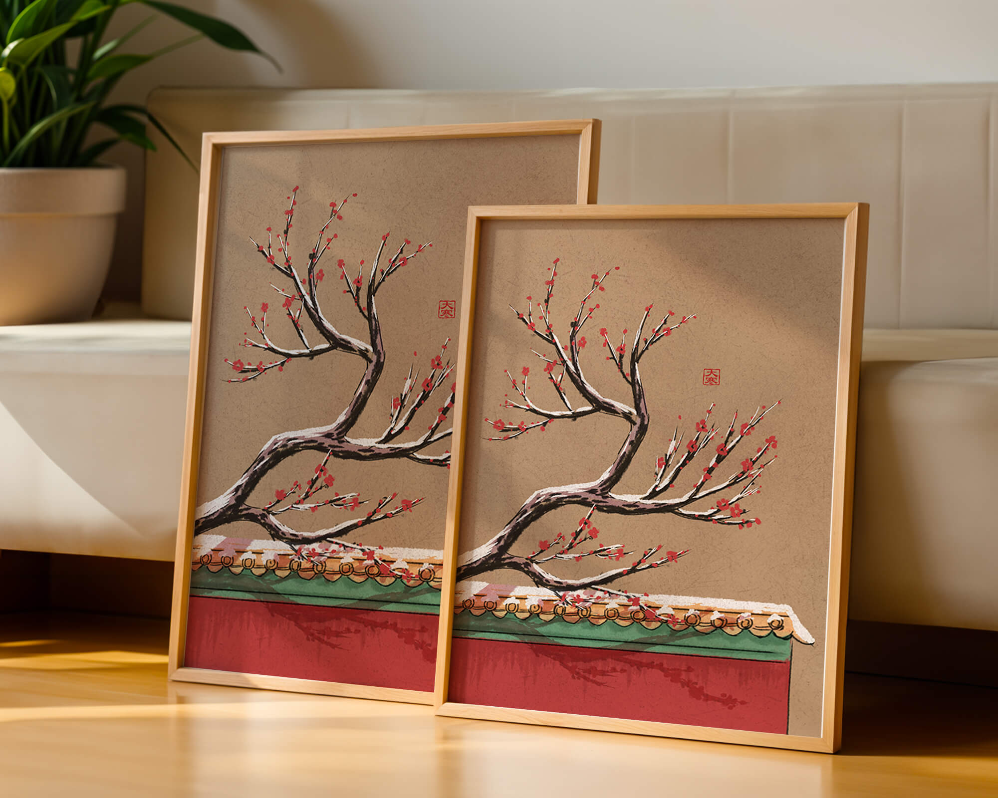 Illustration of blooming plum branch over traditional rooftop