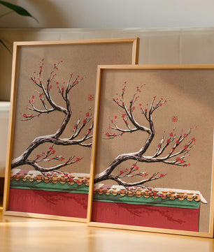 Illustration of blooming plum branch over traditional rooftop