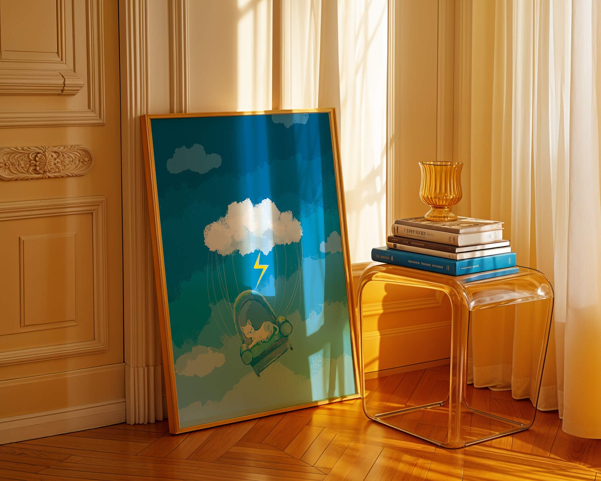 Dreamy Cat on a Floating Armchair in a Surreal Cloudy Sky