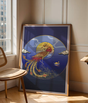 Phénix doré aux plumes éclatantes dans un décor marin mystique