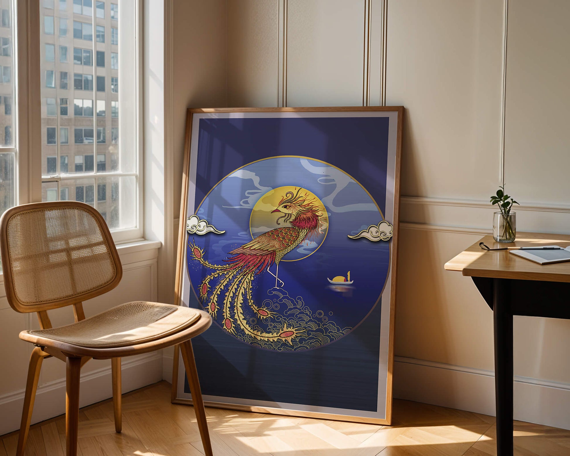 Golden Phoenix with Vibrant Feathers in Mystical Sea Setting