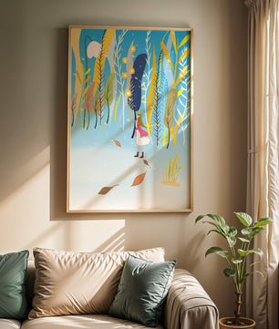 Whimsical scene with girl in colorful abstract forest