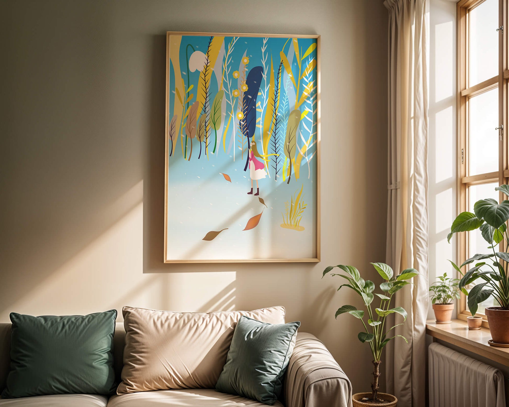 Whimsical scene with girl in colorful abstract forest