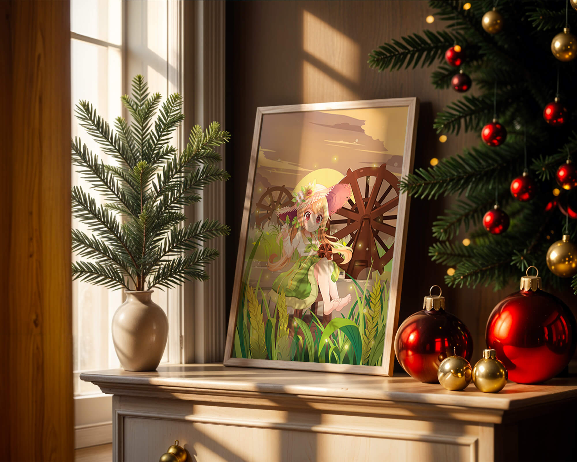 Enchanted countryside scene with a cute character and vibrant nature