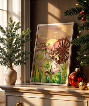 Enchanted countryside scene with a cute character and vibrant nature