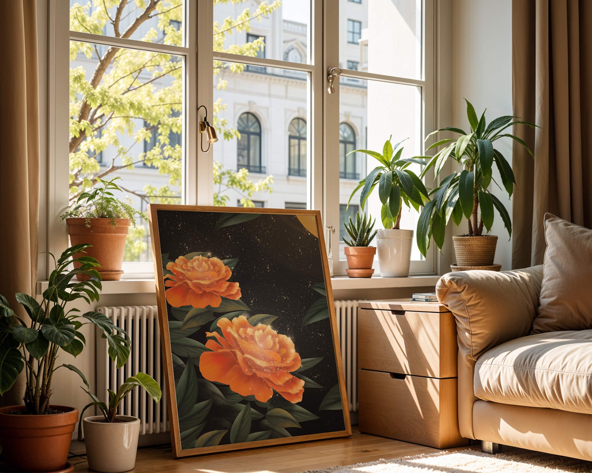 Fantasía floral elegante con flores naranjas vibrantes y un brillo dorado