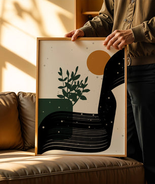 L'œuvre d'art abstraite de la nature avec une silhouette de plante et des formes géométriques