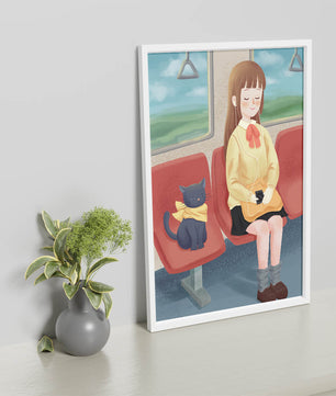 Viaje en tren tranquilo con una chica y su gato ilustrado