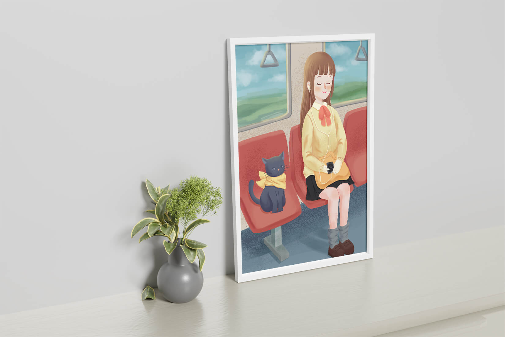 Peaceful train ride with a girl and her cat illustrated