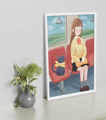 Peaceful train ride with a girl and her cat illustrated