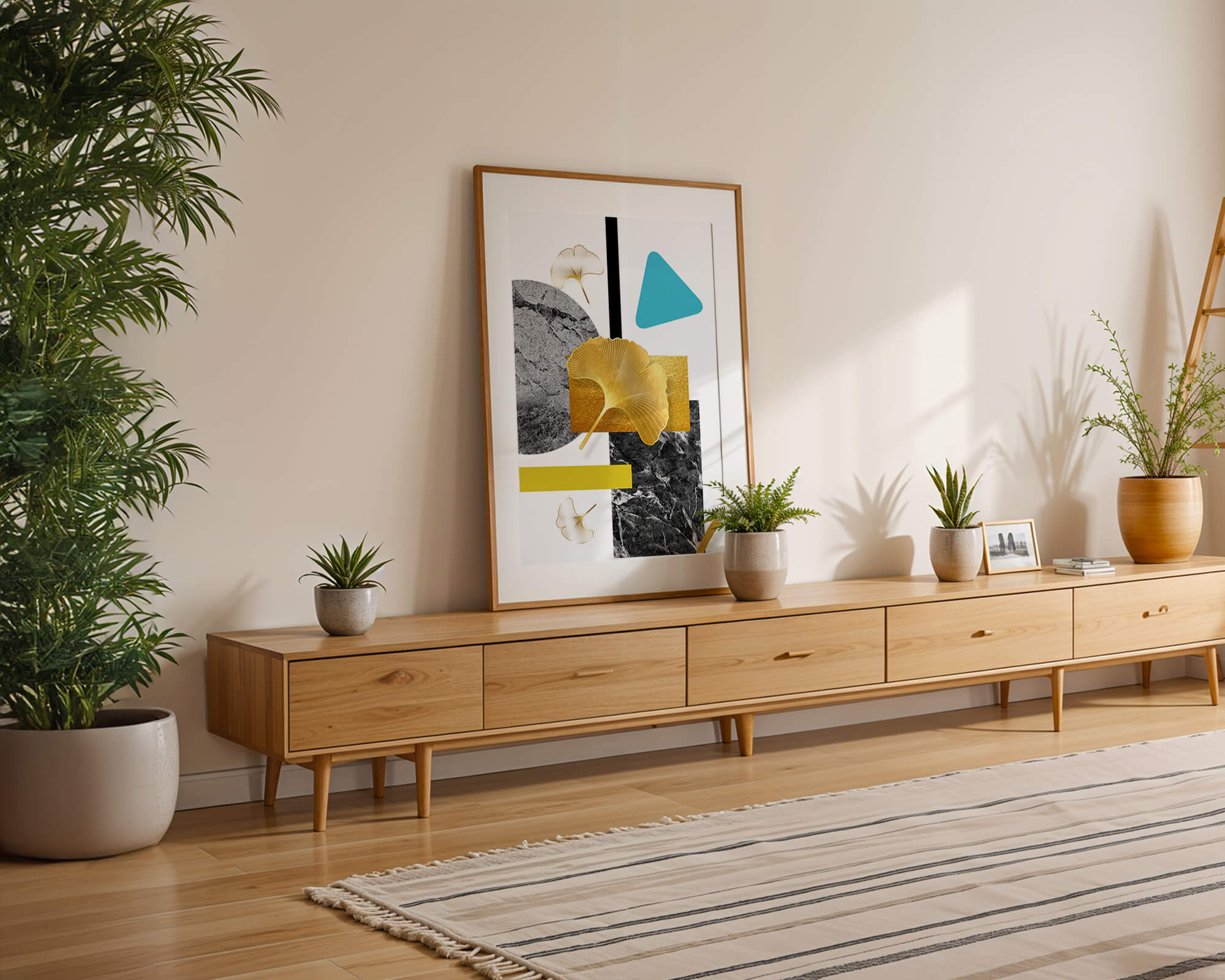 Geometric Abstract Composition with Gold Ginkgo Leaves