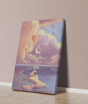 Whimsical journey on a dreamlike path beneath colorful clouds