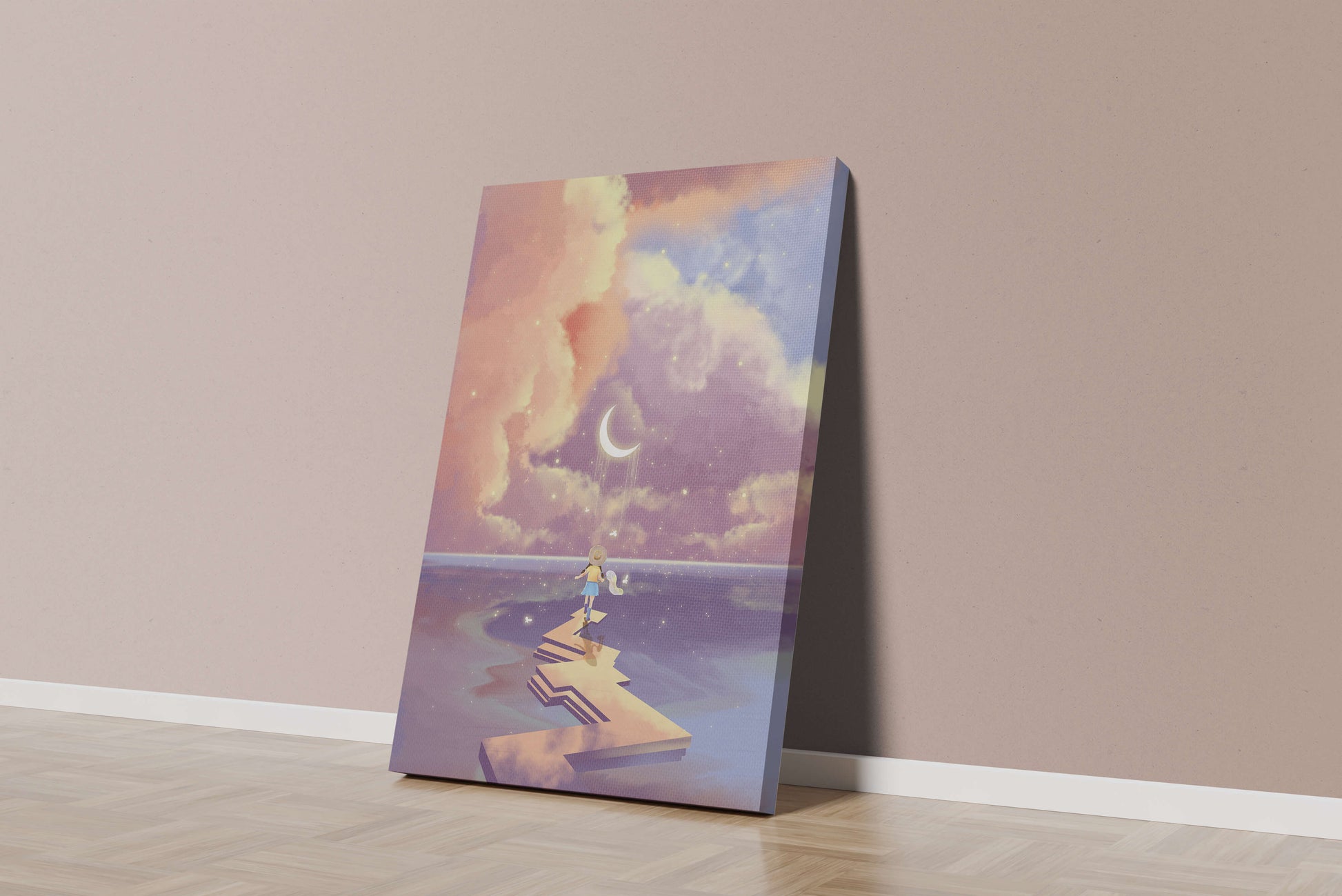 Whimsical journey on a dreamlike path beneath colorful clouds