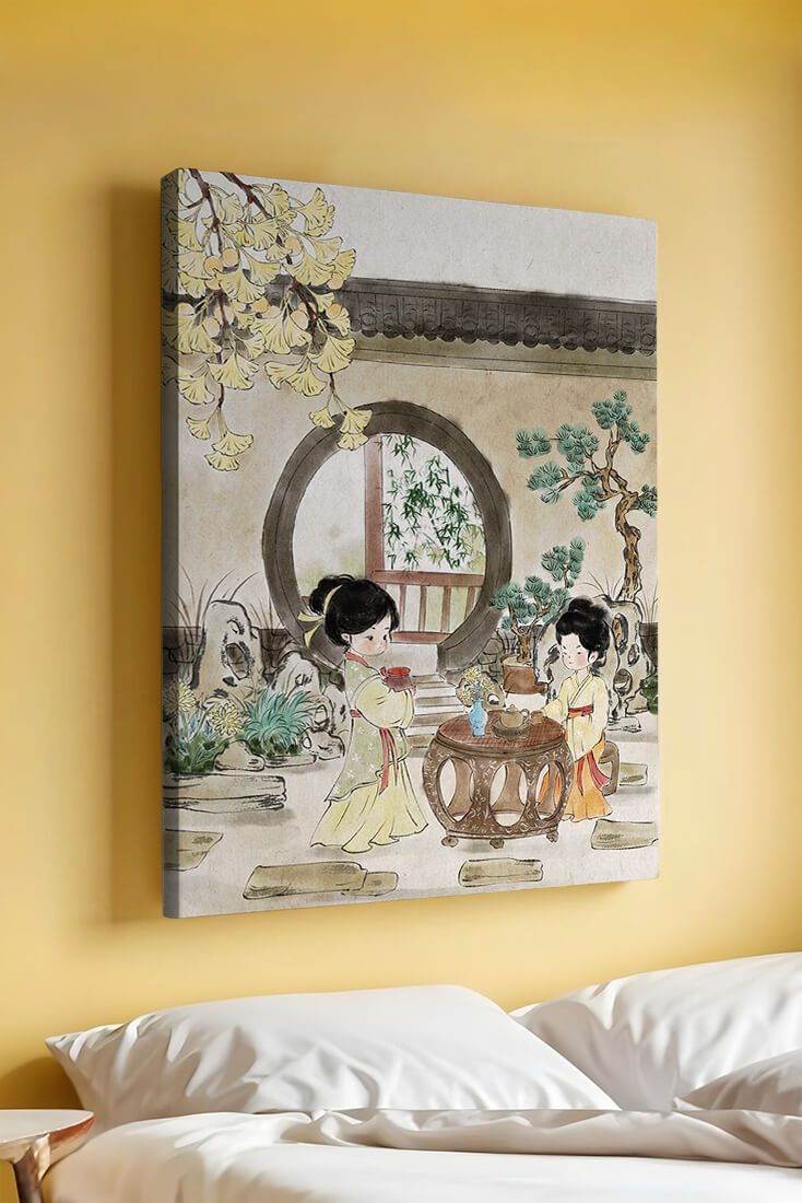 Serene traditional Chinese garden scene with women in elegant attire