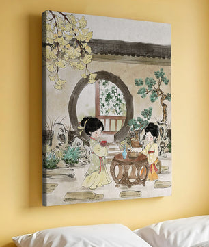 Scène sereine de jardin traditionnel chinois avec des femmes en tenue élégante