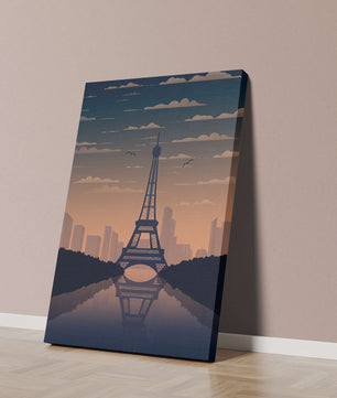 Vista escénica de la Torre Eiffel al anochecer con reflejo del horizonte urbano