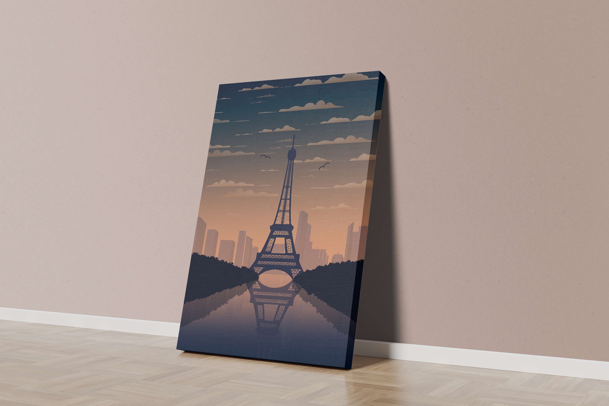 Scenic view of the Eiffel Tower at dusk with city skyline reflection