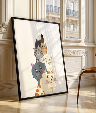 Stack of adorable cartoon cats with diverse patterns and colors