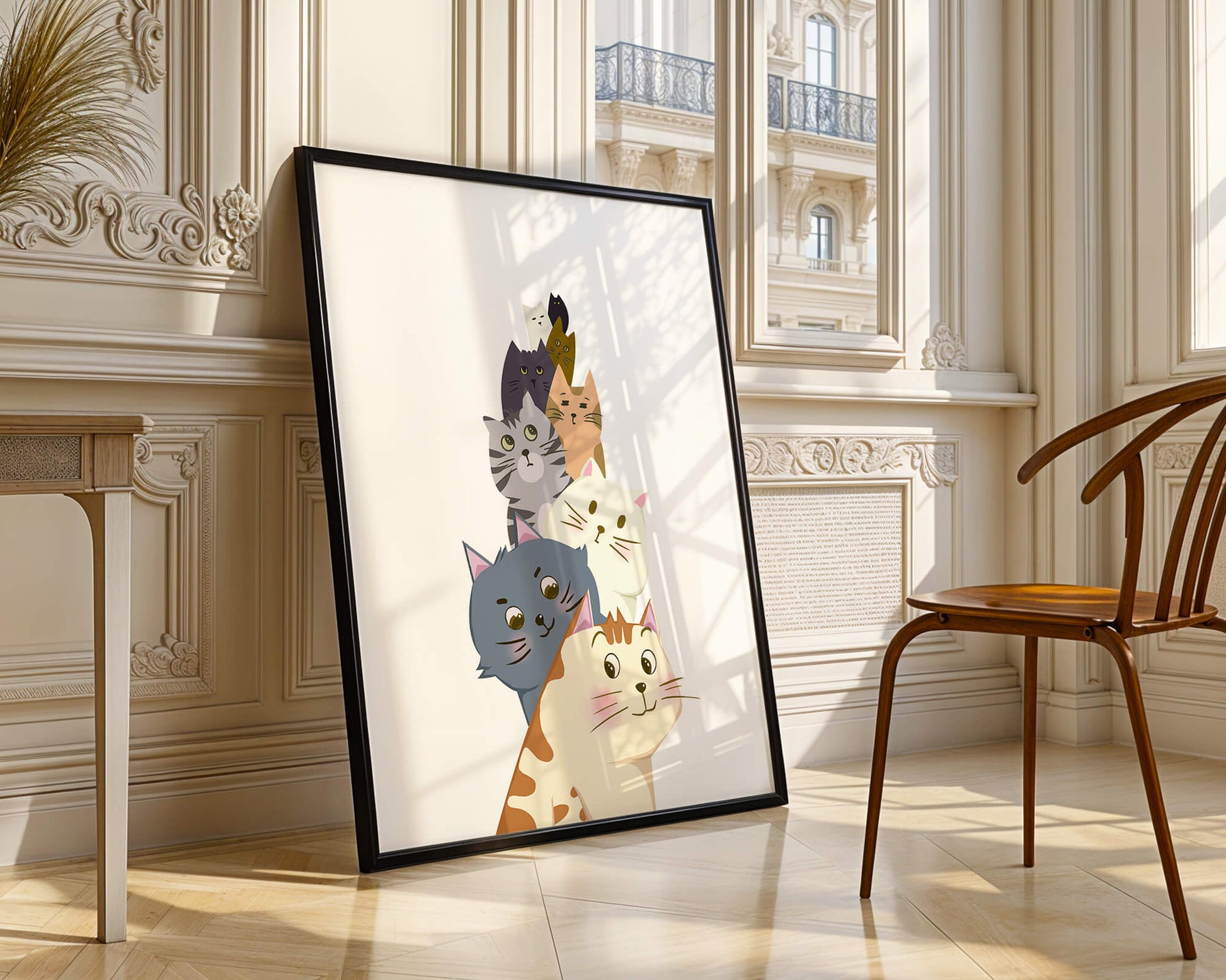 Stack of adorable cartoon cats with diverse patterns and colors