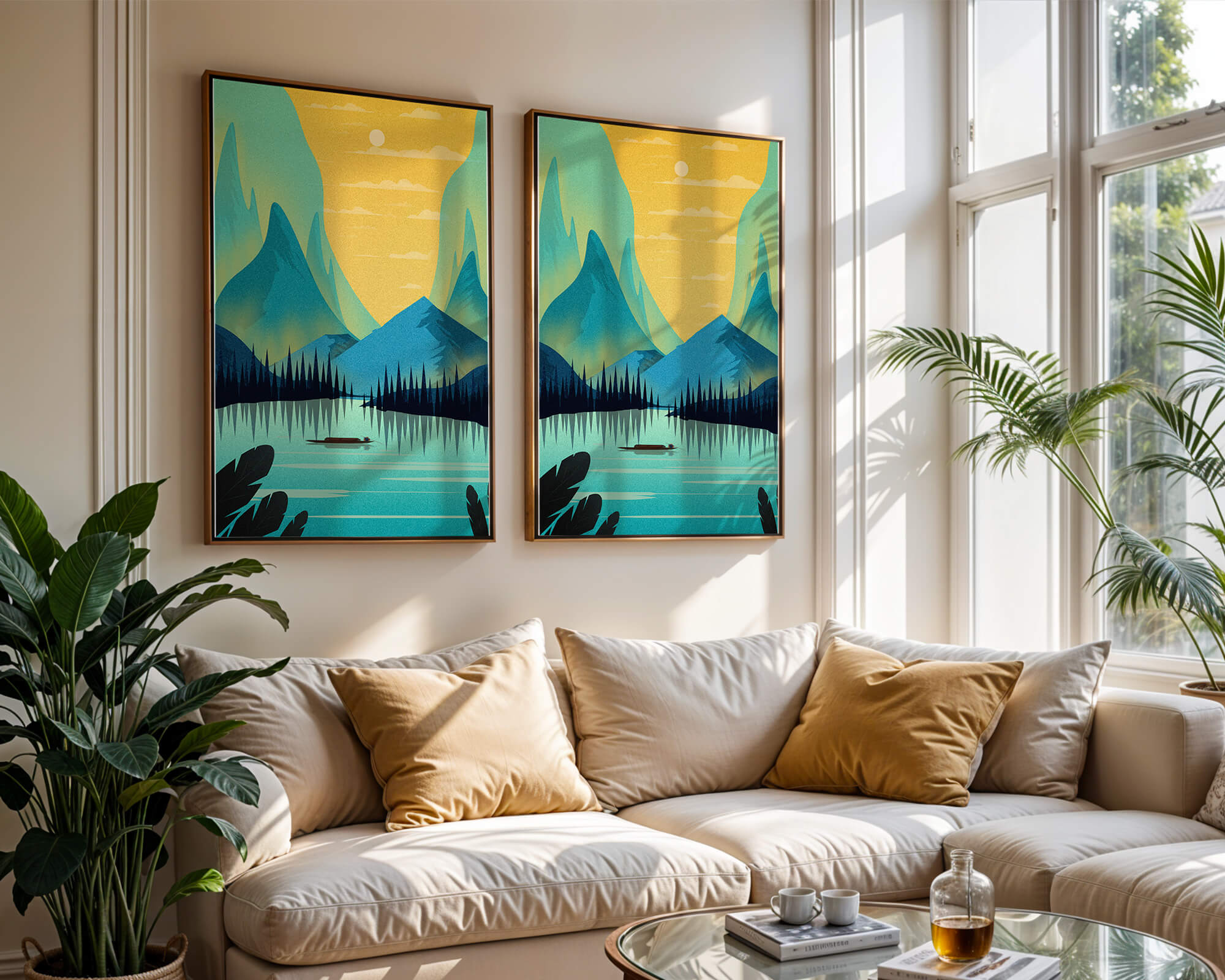 Serene lake landscape with mountains and sunset
